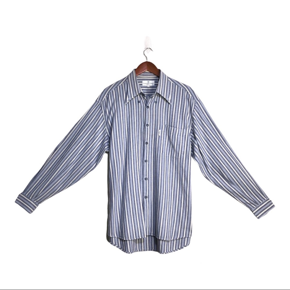 Vintage Valentino Men's Blue & White Striped Long Sleeve Button Front Shirt